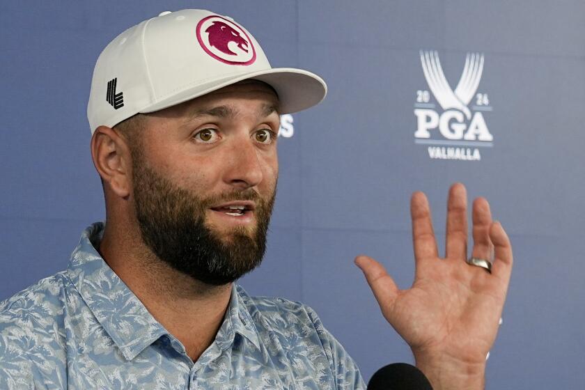 Jon Rahm, of Spain, speaks during a news conference during the PGA Championship golf tournament at the Valhalla Golf Club, Tuesday, May 14, 2024, in Louisville, Ky. (AP Photo/Sue Ogrocki)