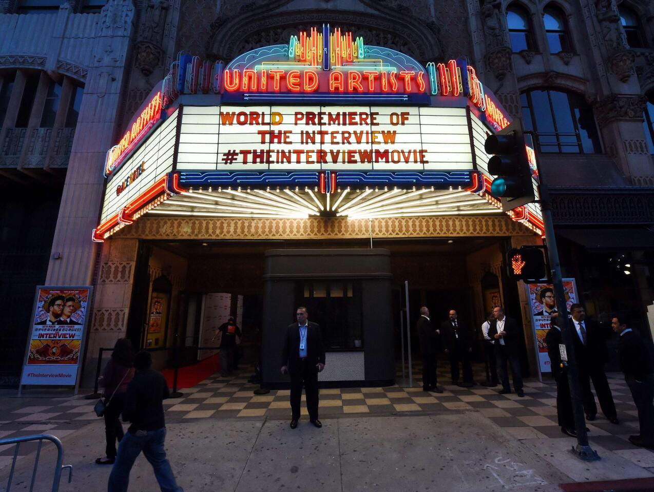 The marquee of the Theatre at Ace Hotel in Los Angeles for the premiere of "The Interview."