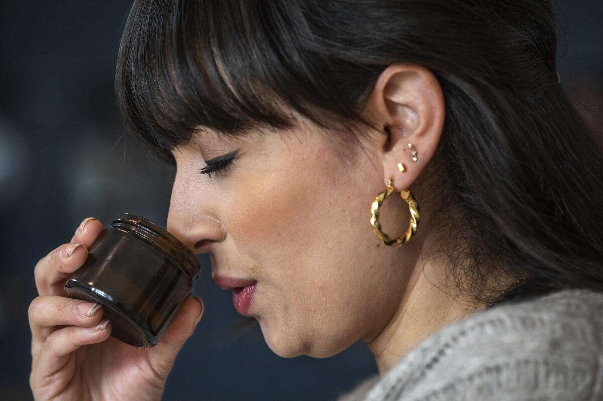 Mariana Castro-Salzman does smell training with essential oils at her home in Eagle Rock.