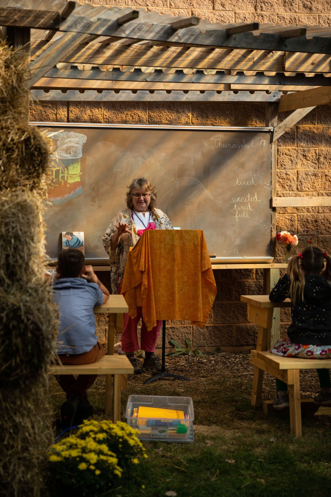 A view inside the third grade sukkah at Prairie Hill Waldorf School in Pewaukee, Wisc.