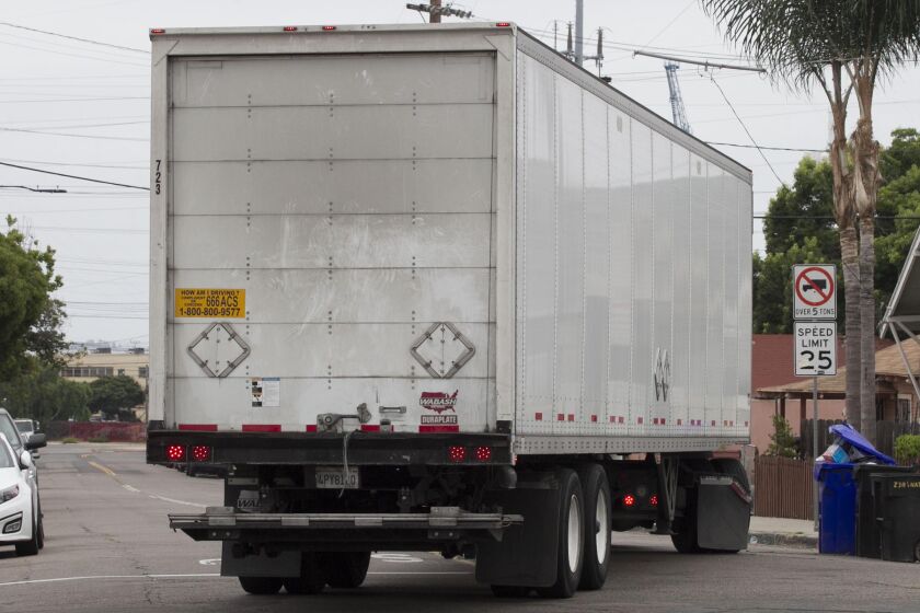 An 18 wheeler made it's way down 26th street in theBarrio Logan neighborhood of San Diego on Wednesday, August 27 , 2019 despite the fact that it is posted for no truck traffic over 5 tons allowed.