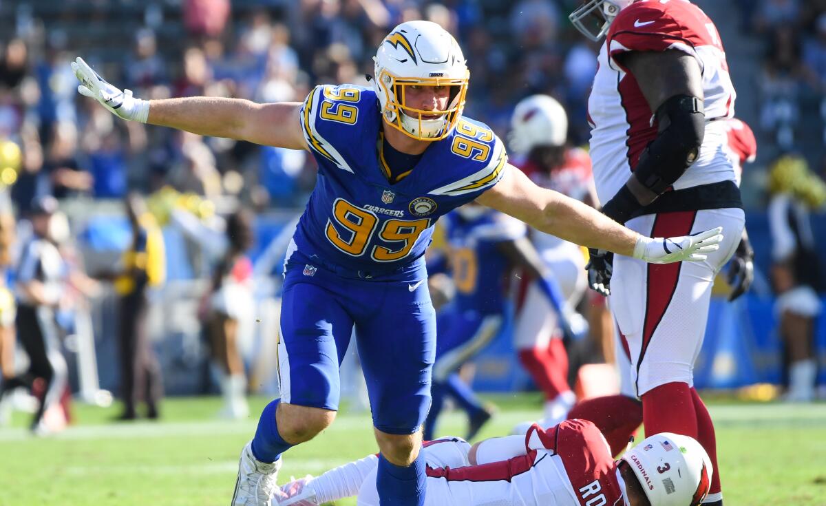 Chargers defensive end Joey Bosa celebrates after sacking Arizona Cardinals quarterback Josh Rosen.