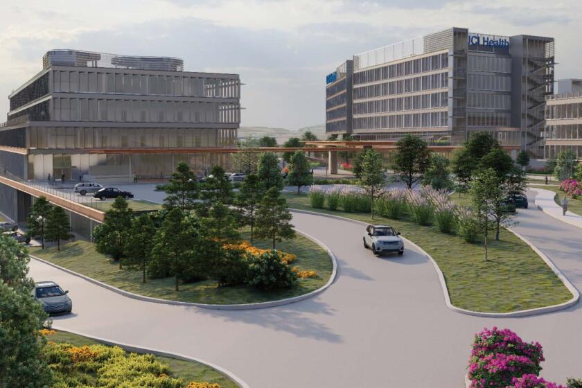 A rendering of the planned hospital complex approved by the UC Board of Regents on Wednesday. From left, the ambulatory care center, the in-patient hospital and a parking structure.