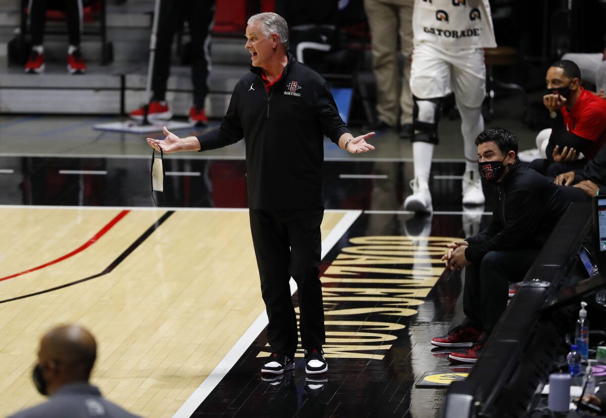 San Diego State coach Brian Dutcher was called for a technical foul against San Jose State.