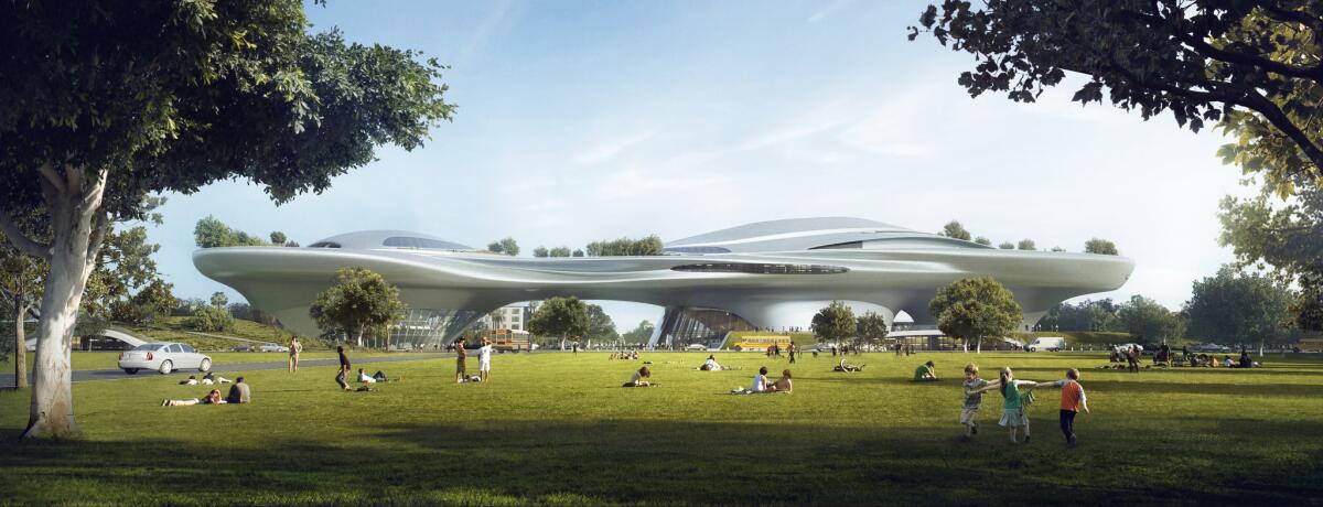 Ma Yansong's Exposition Park design for the Lucas Museum of Narrative Art would have parkland at its feet. Lucas Museum of Narrative Art