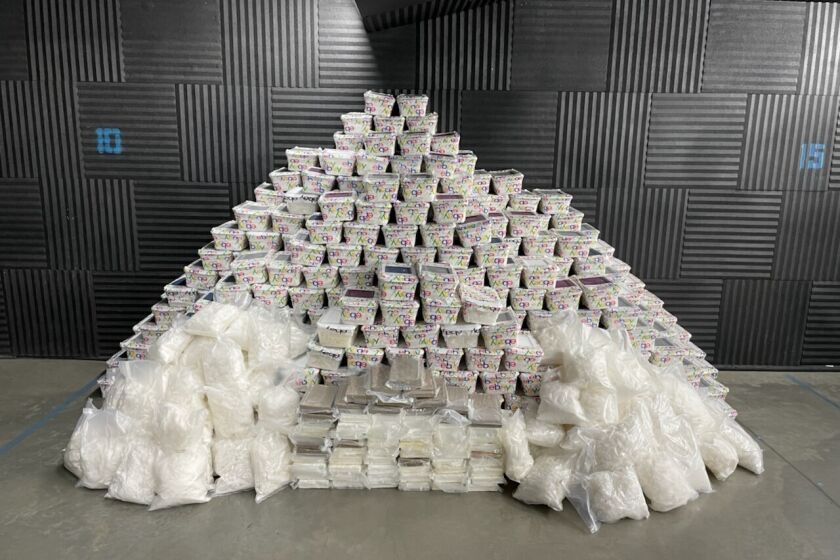 This undated photo provided by The U.S. Drug Enforcement Administration (DEA) Los Angeles Field Division shows pounds of methamphetamine and pounds of cocaine that was seized from a home in Southern California. Federal and local authorities investigating drug trafficking by Mexico's Sinaloa Cartel found more than 3,550 pounds of methamphetamine and 145 pounds of cocaine at a home in Southern California. The bust marked the largest meth seizure in the Drug Enforcement Administration's Los Angeles Division, the DEA said Wednesday, Oct. 5, 2022. (U.S. Drug Enforcement Administration (DEA) Los Angeles Field Division via AP)