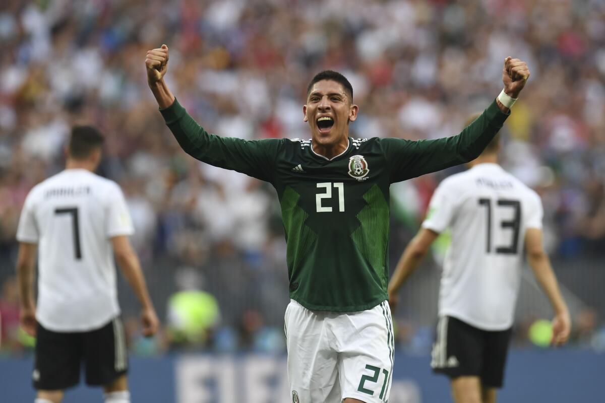 TOPSHOT - Mexico's defender Edson Alvarez celebrates after winning at the end of the Russia 2018 World Cup Group F football match between Germany and Mexico at the Luzhniki Stadium in Moscow on June 17, 2018. / AFP PHOTO / Patrik STOLLARZ / RESTRICTED TO EDITORIAL USE - NO MOBILE PUSH ALERTS/DOWNLOADSPATRIK STOLLARZ/AFP/Getty Images ** OUTS - ELSENT, FPG, CM - OUTS * NM, PH, VA if sourced by CT, LA or MoD **