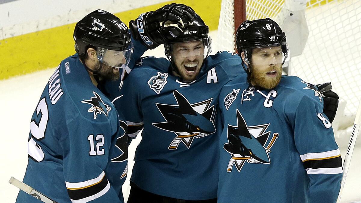 The Sharks have plenty of veteran leadership, including (from left), Patrick Marleau, Logan Couture and Joe Pavelski.