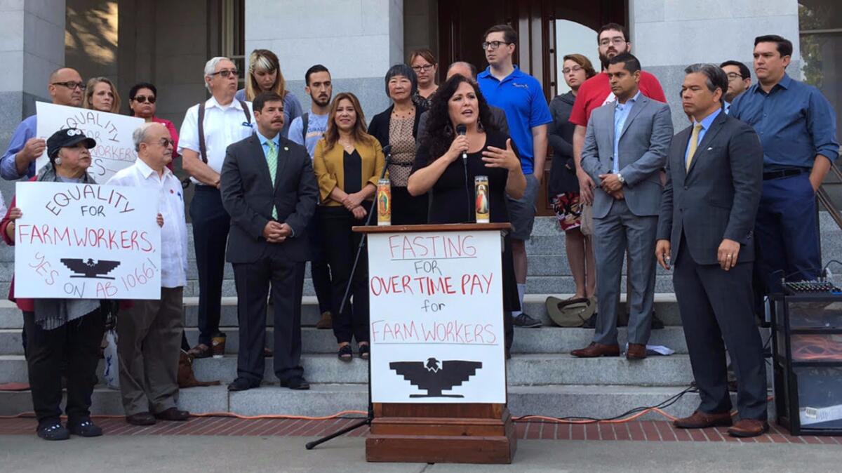 Assemblywoman Lorena Gonzalez (D-San Diego) announces the start of a 24-hour fast in support of expanding farmworker overtime pay.