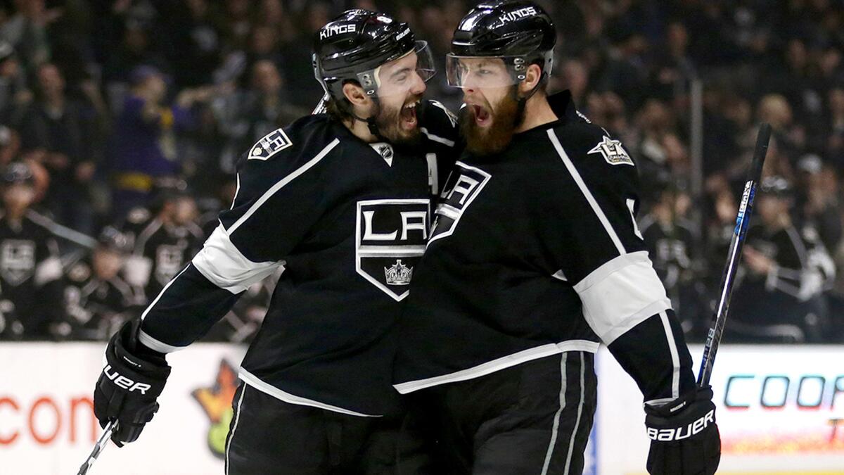 The Kings' Drew Doughty, left, and Jake Muzzin both participated in today's morning skate and both appear ready for Game 3 of their playoff series against the Vegas Golden Knights.