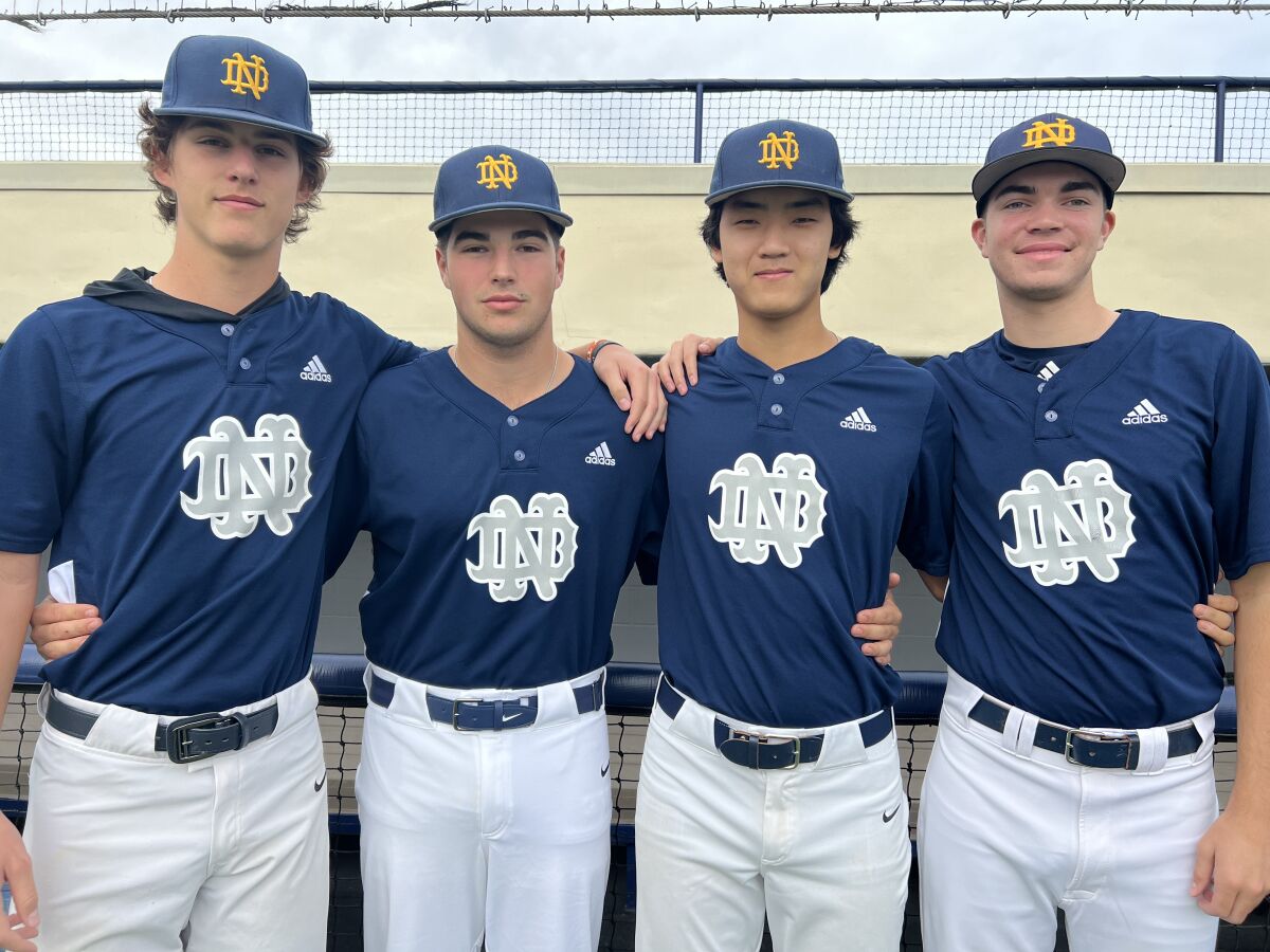 Sherman Oaks Notre Dame pitchers Levi Sterling (left), Sam Petrocelli, Justin Lee and Oliver Boone.