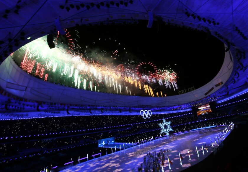 Firework display at the end of the closing ceremony at the Beijing 2022 Olympic Games.