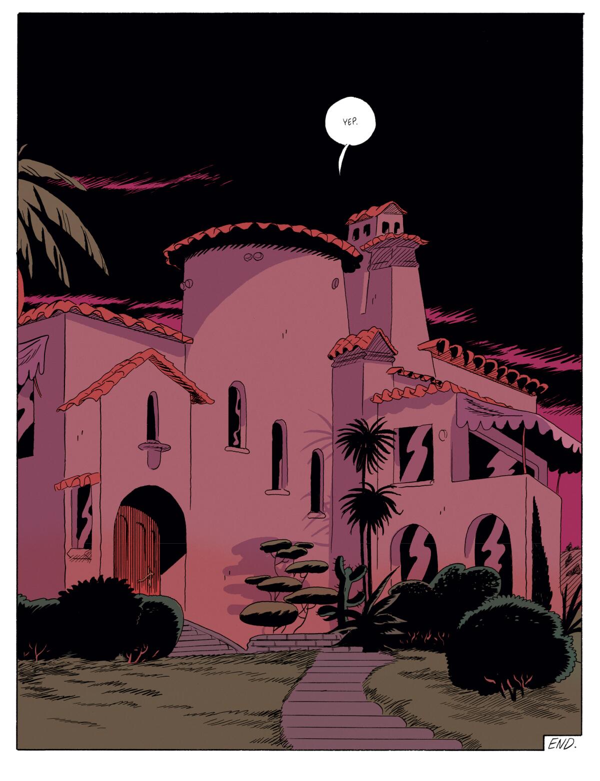 A vertical comic book panel shows a large Spanish Revival house at night and the word "yep" in a speech bubble