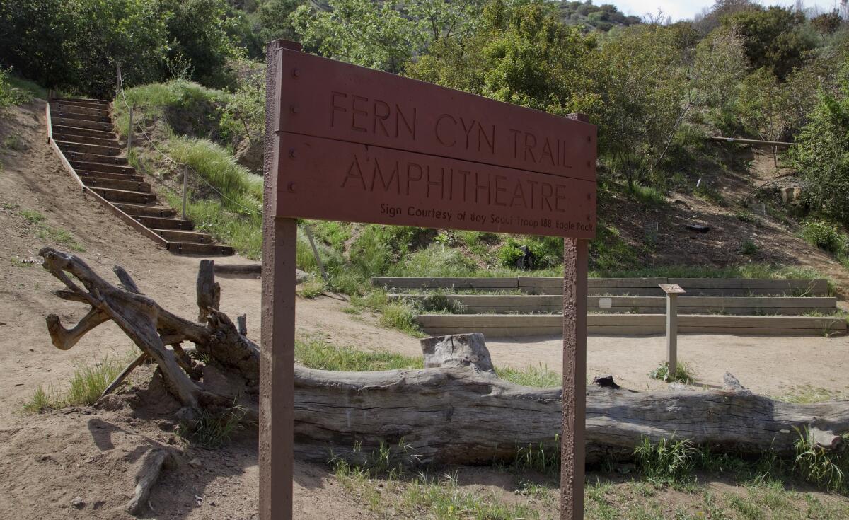 Step 2: At the canyon's end, past the sign for Fern Canyon Trail Amphitheater, climb a flight of stairs to a wide dirt road.