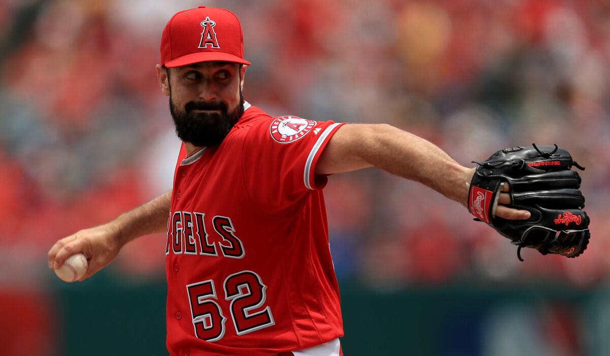 Angels pitcher Matt Shoemaker pitches during the first inning against the Seattle Mariners at Angel Stadium on Sunday.