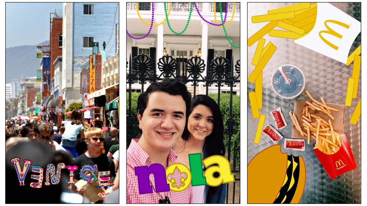 Snapchat geofilter overlays. Left to right: Snapchat-created geofilter, community-created geofilter, and commercial geofilter for McDonald's.