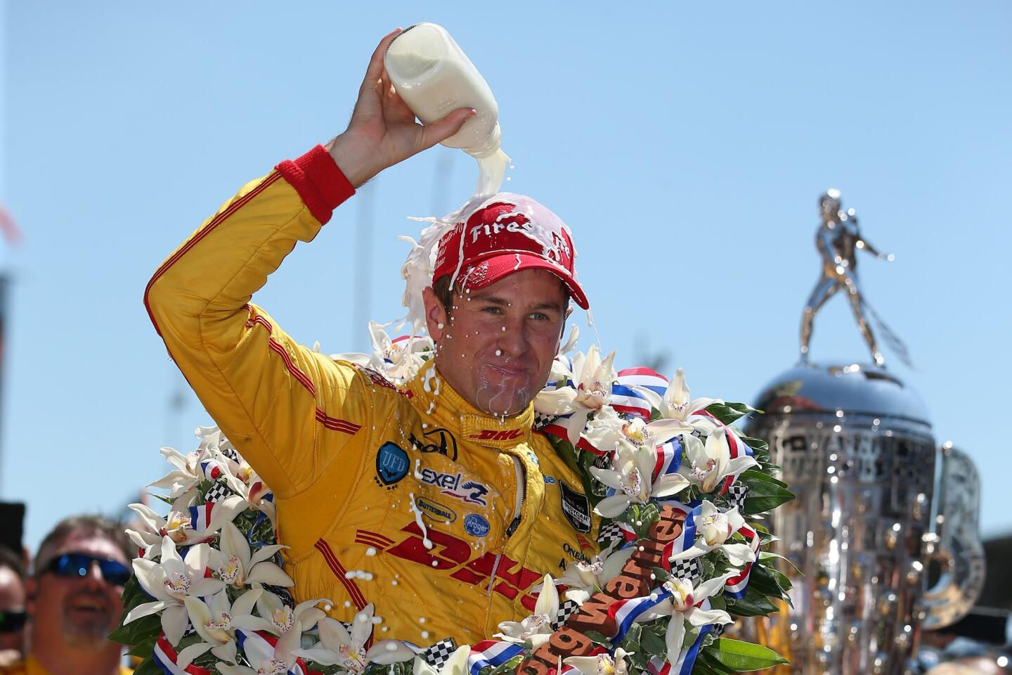 IndyCar driver Ryan Hunter-Reay celebrates in Victory Lane after winning the Indianapolis 500 on Sunday for the first time.