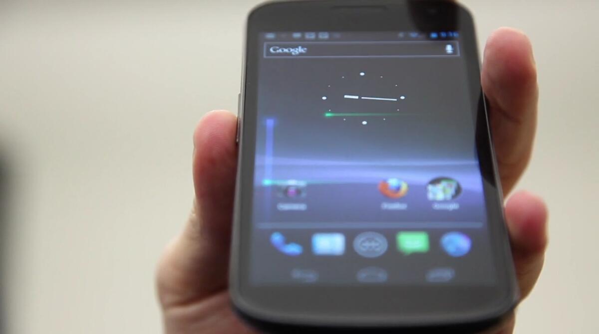 The Samsung Galaxy Nexus smartphone is shown running Google's Android Ice Cream Sandwich operating system.