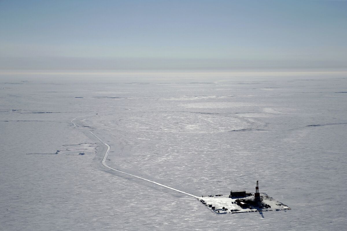 Aerial shot of exploratory drilling camp on Alaska's North Slope