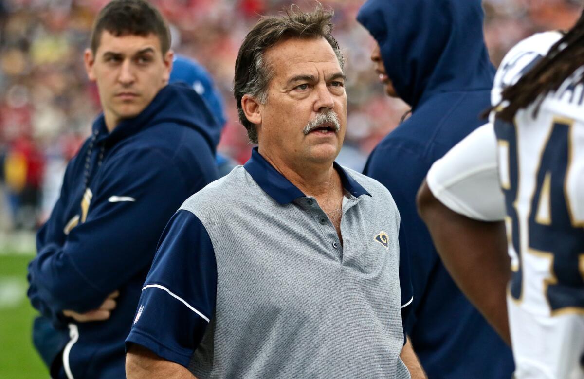 Rams Coach Jeff Fisher on the sideline during a game against the Atlanta Falcons on Dec. 11.