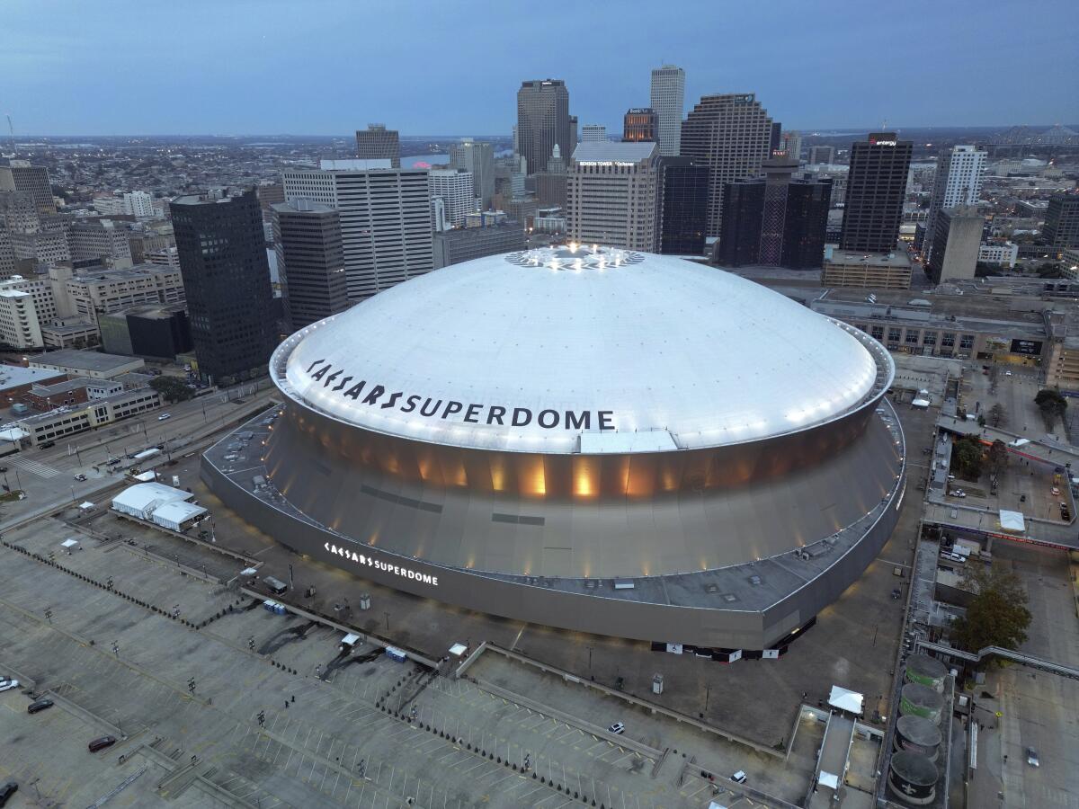 An aerial view of Caesars Superdome in New Orleans.