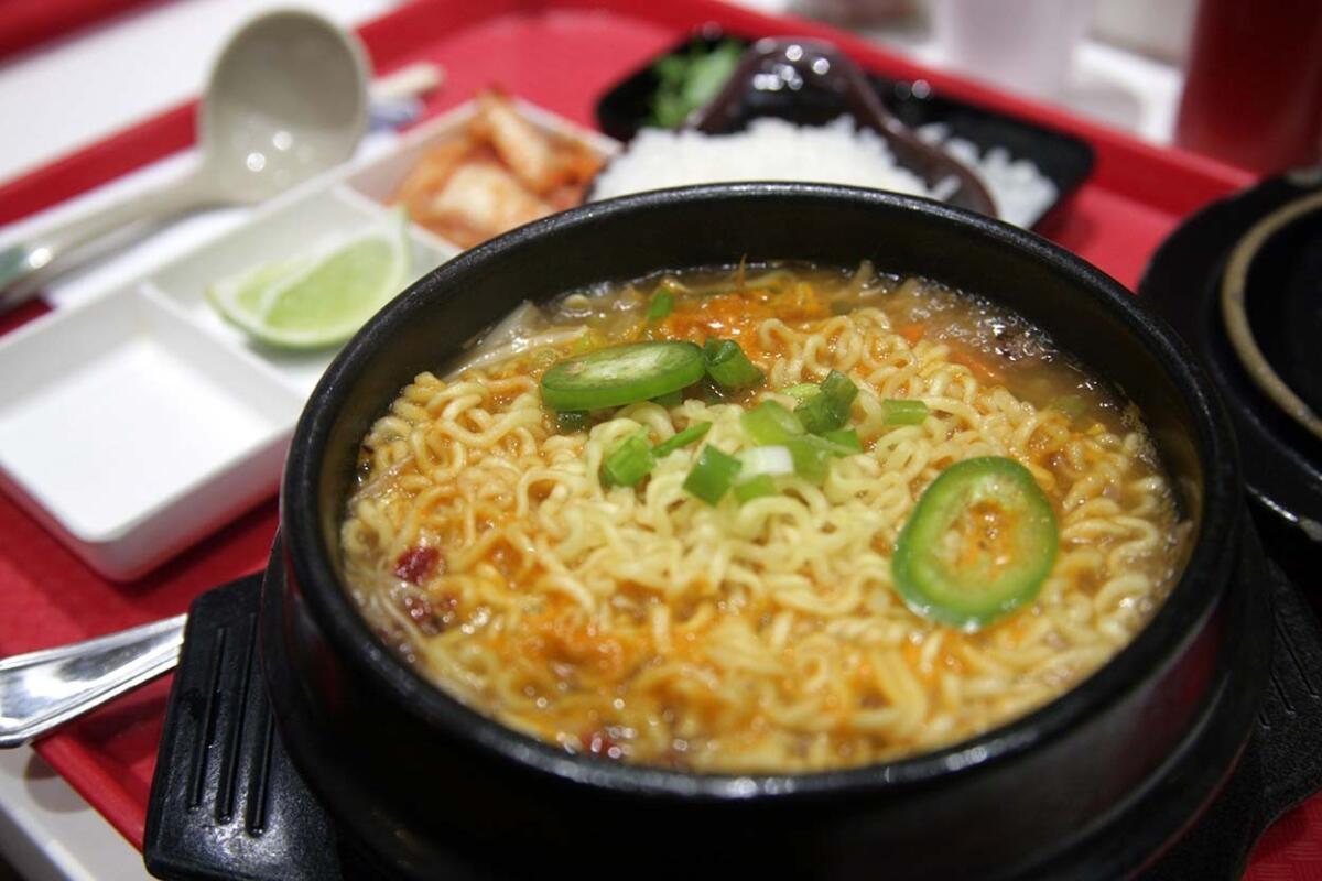 The boolkogi (sic) ramen comes topped with scallions and jalapeño slices.