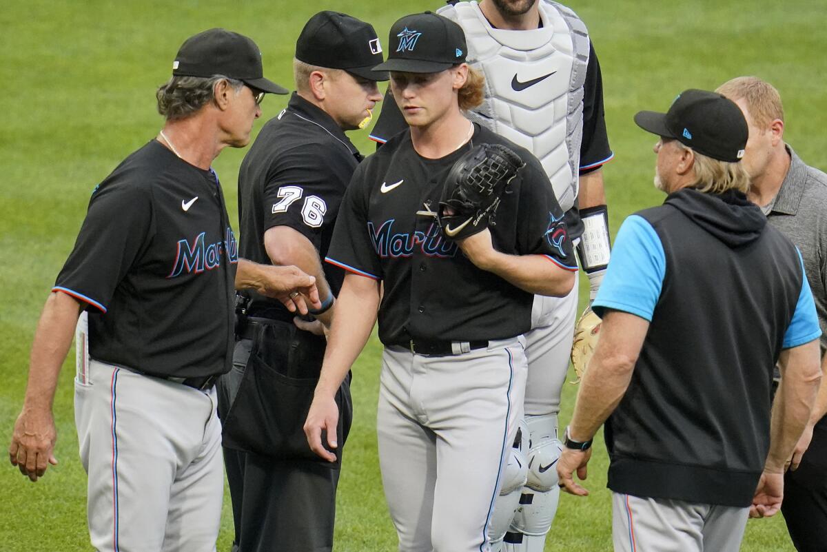 Marlins rookie Meyer leaves game after Soler goes on IL - The San Diego  Union-Tribune