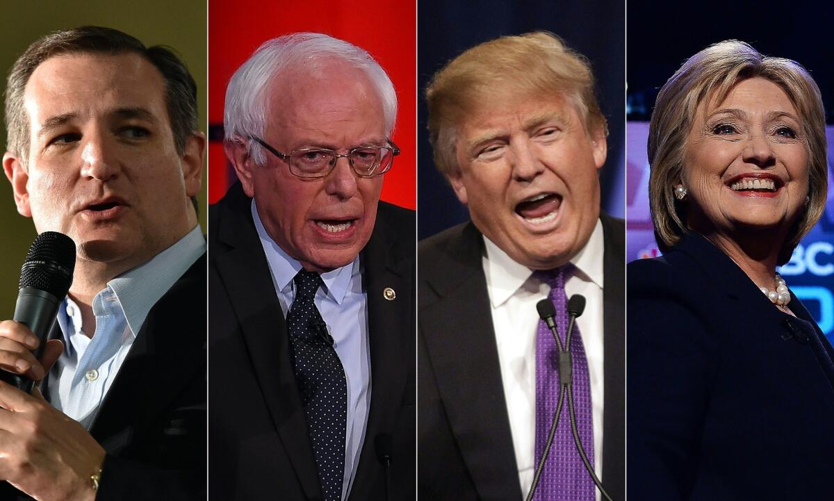The top US presidential candidates, from left to right, are Republican Ted Cruz, Democrat Bernie Sanders, Republican Donald Trump and Democrat Hillary Clinton.