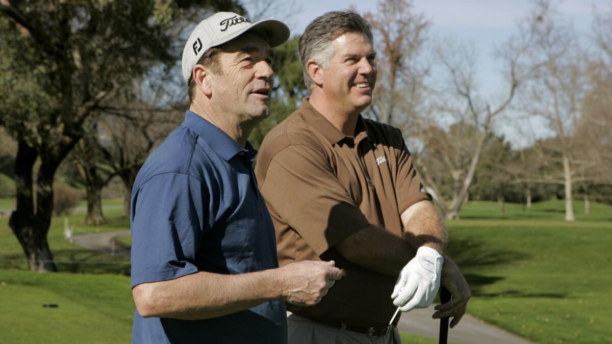 Singer Huey Lewis (left) and his friend Erik Brown were on the fourth tee in this 2011 photo taken at the Pauma Valley Golf and Country Club. Lewis is a Pauma Valley resident..