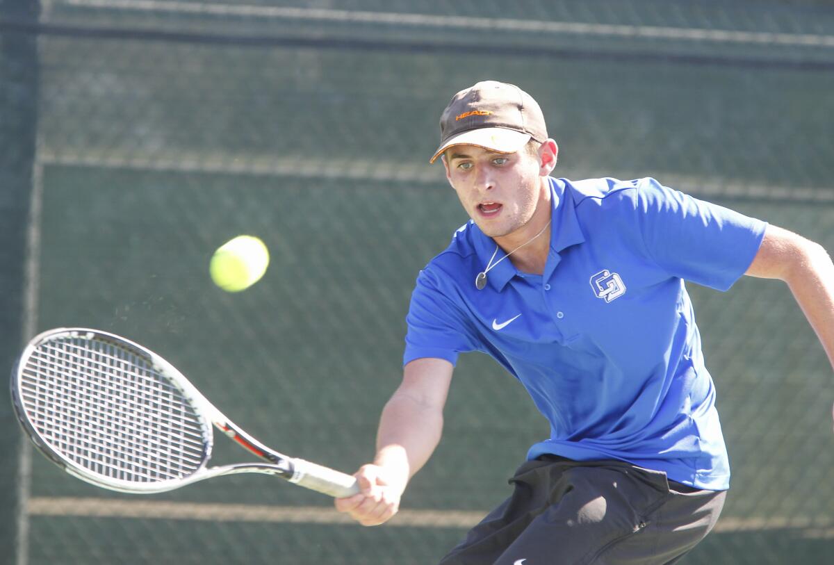 La Jolla Country Day's Jacob Kaplan competes in the CIF San Diego Section high school boys tennis championships in 2019.
