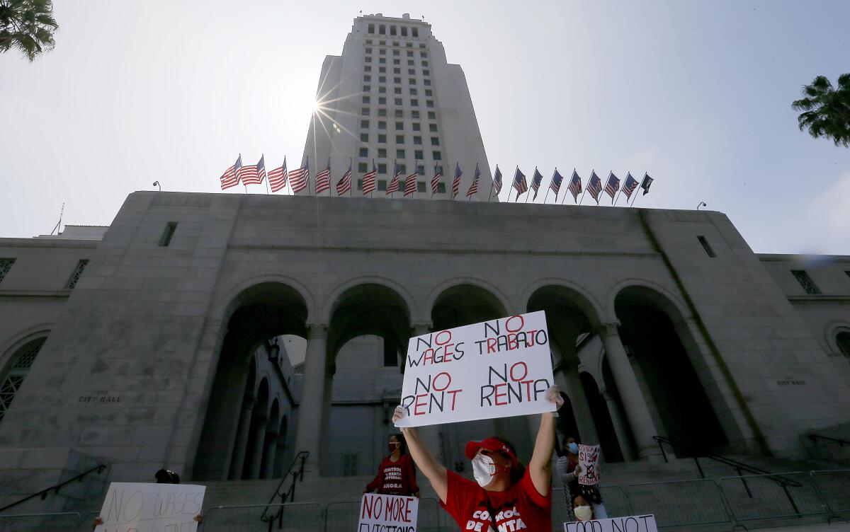 Tenants and their supporters call on L.A. city leaders to cancel rent and mortgage payments 