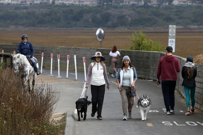 Two women walk their dogs as they stroll along a path at Upper Newport Bay in Newport Beach.