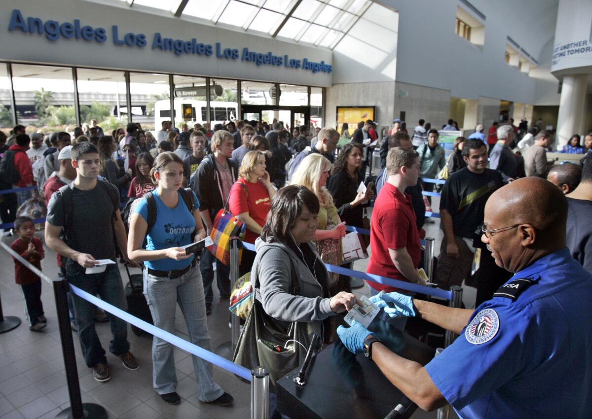A long security check line at Los Angeles airport.