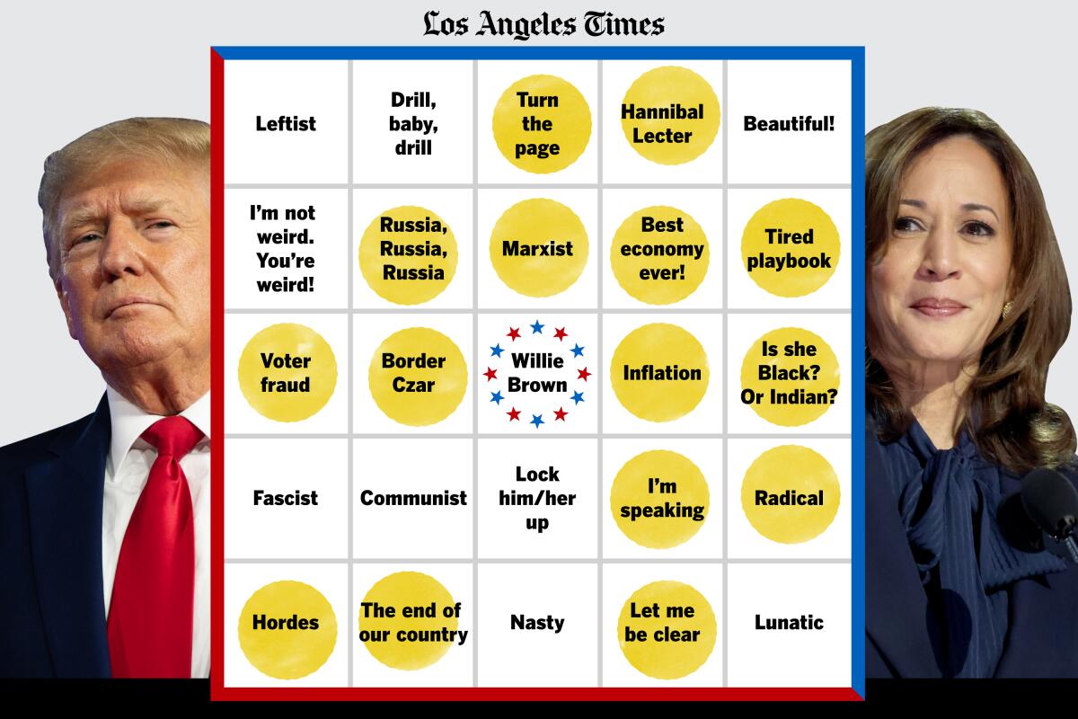 Completed debate bingo card with Donald Trump and Kamala Harris