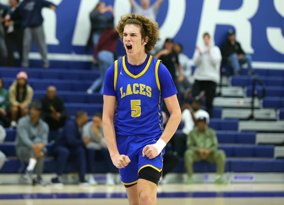 Ryan Conner clenches his fists as he lets out yell during LACES' win over Chatsworth.