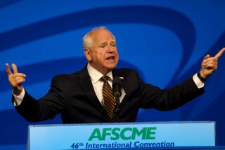 LOS ANGELES, CA - AUGUST 13, 2024 - Governor Tim Walz, vice presidential nominee, delivers remarks at the AFSCME's 46th International Convention in Los Angeles on August 13, 2024. Walz was joined by AFSCME President Lee Saunders and public service workers from all over the U.S. (Genaro Molina/Los Angeles Times via Getty Images)