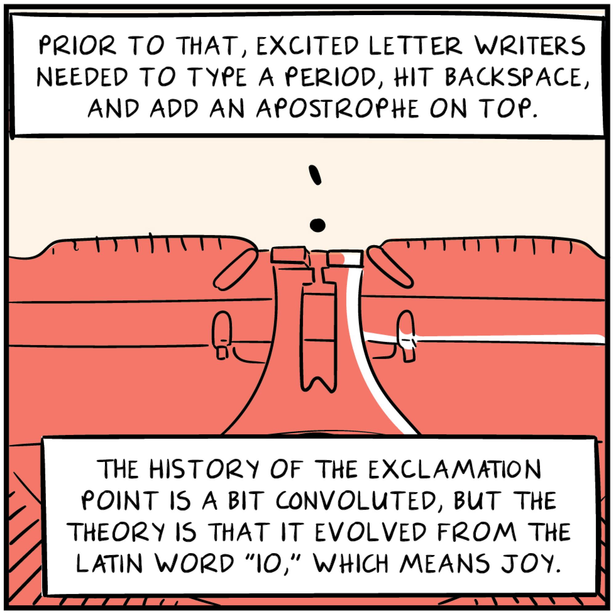 Comic panel of a typewriter showing an exclamation point typed as an apostrophe over a period