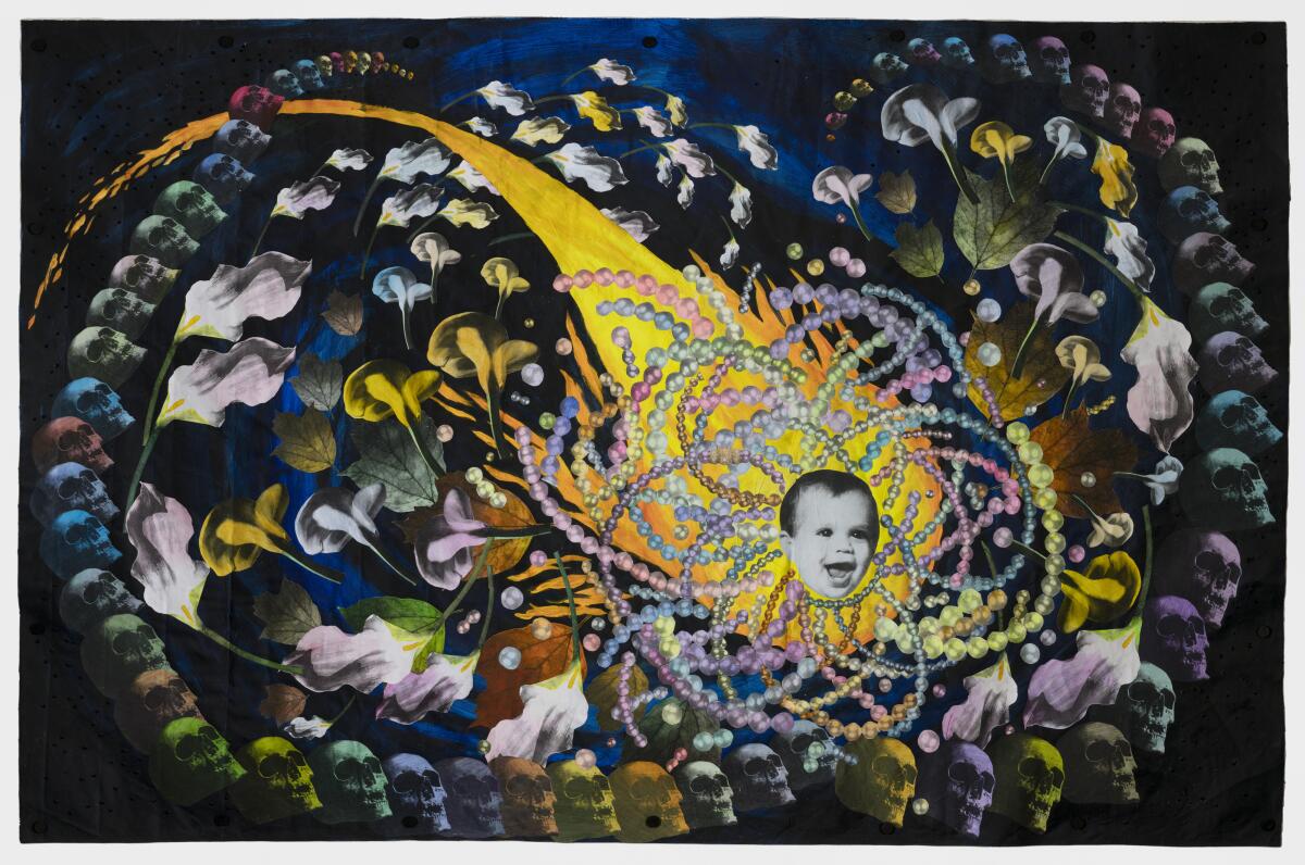 A collaged canvas features a cosmic pattern of strands that evoke DNA with a baby's face at the center.