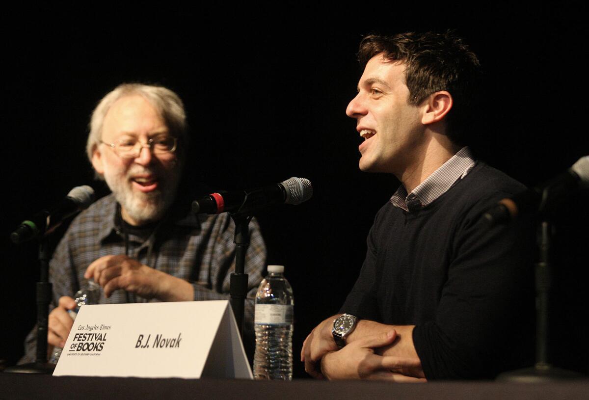B.J. Novak speaks during an April 12, 2014, panel discussion at the Los Angeles Times Festival of Books that includes film critic Kenneth Turan.