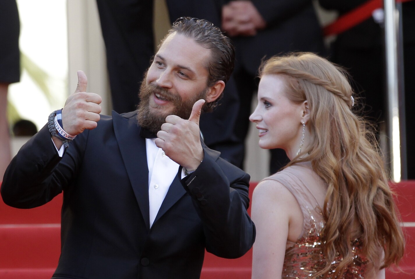 Actors Tom Hardy, left, and Jessica Chastain arrive.