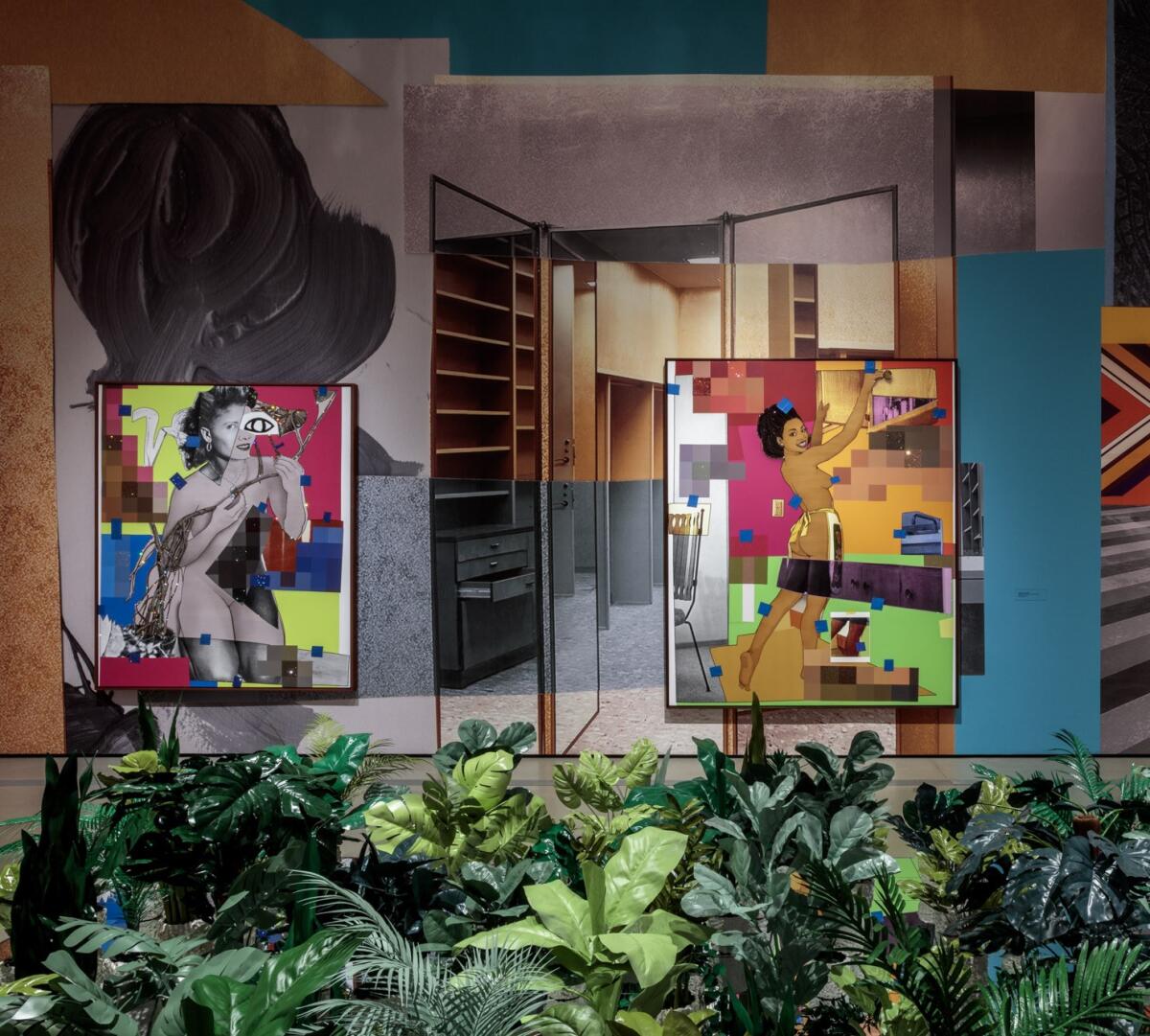 Mickalene Thomas installed pin-up paintings on a photo blow-up of an empty closet