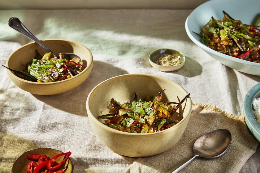 LOS ANGELES, CALIFORNIA, July 16, 2021: Blistered Okra and Corn Stir-Fry for Ben Mims' okra recipes story, photographed on Wednesday, July 16, 2021, at Proplink Studios in Arts District Los Angeles. (Silvia Razgova / For The Times, Prop Styling / Silvia Razgova) ATTN: 810119-la-fo-Okra-Cooking