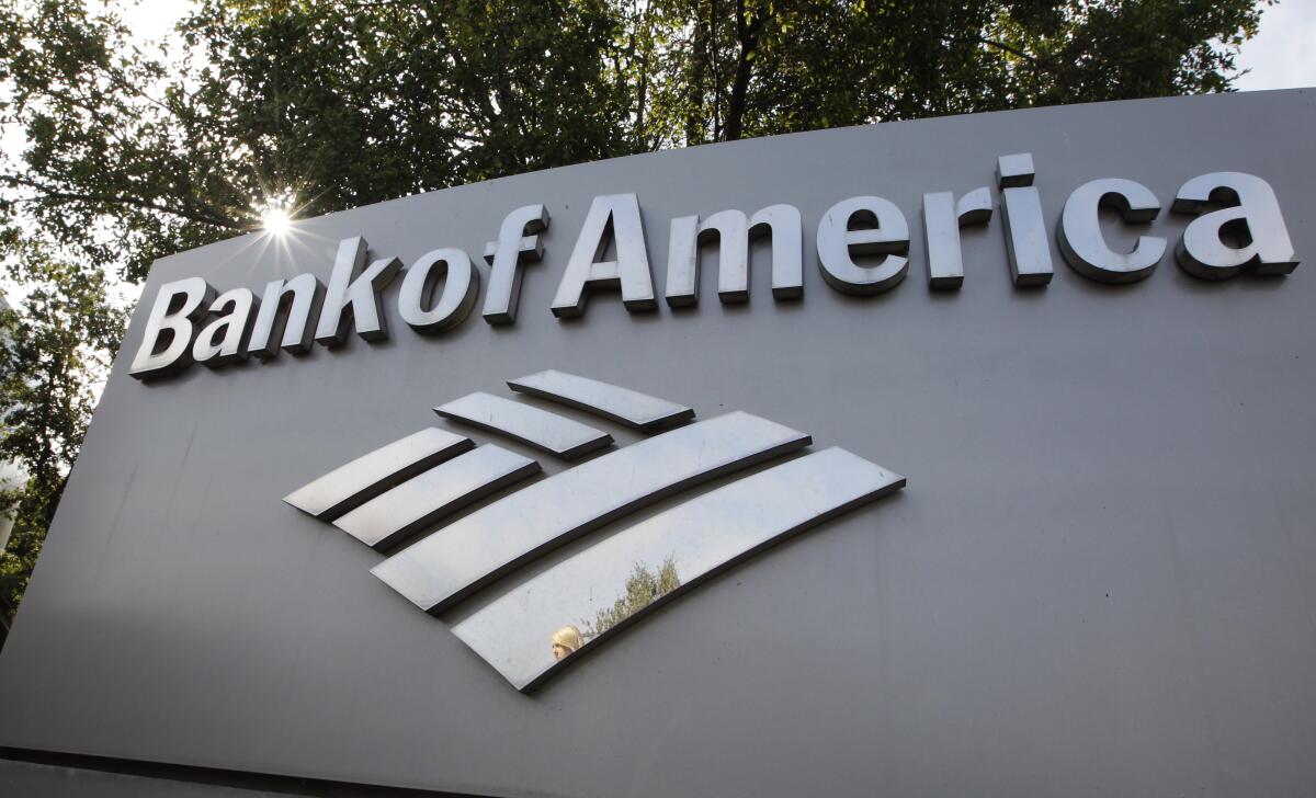 A Bank of America logo is displayed at a branch office in Palo Alto.