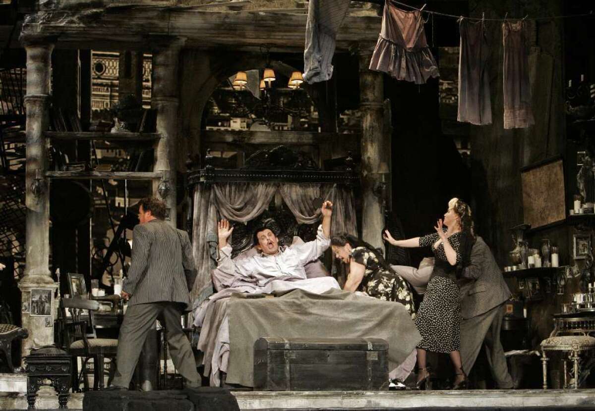 Thomas Allen, in bed, performed the title role in Puccini's "Gianni Schicchi" when the Woody Allen-directed production was presented at the Dorothy Chandler Pavilion in 2008.