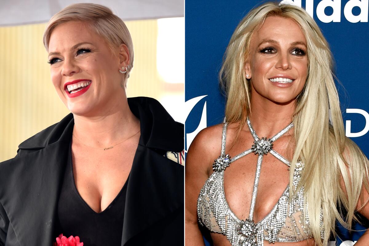 Separate pictures of singer Pink, in a black outfit, and Britney Spears, in a strappy silver dress.