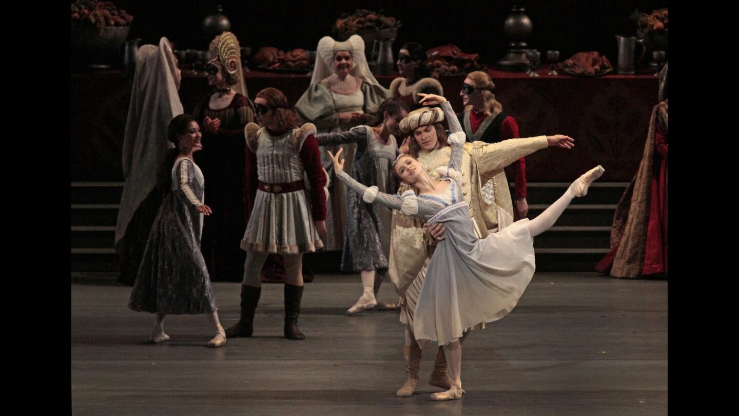 Elena Lobsanova portrays Juliet and Patrick Lavoie is Paris in the National Ballet of Canada's "Romeo and Juliet" at the Dorothy Chandler Pavilion.