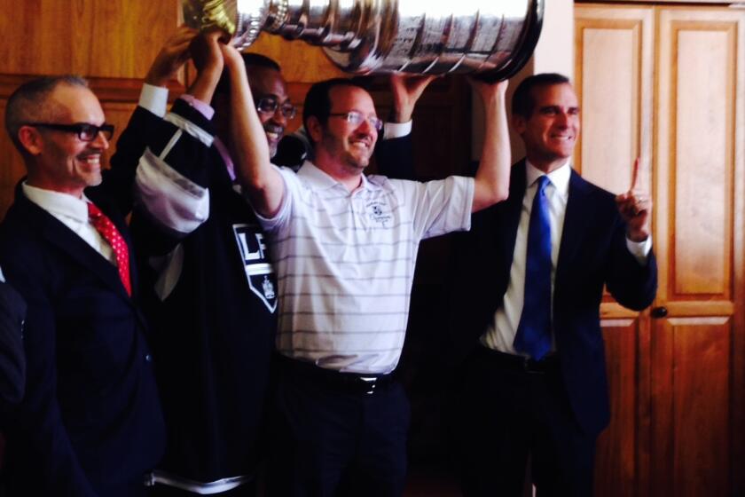 The Stanley Cup stops by Mayor Eric Garcetti's office in Los Angeles City Hall.