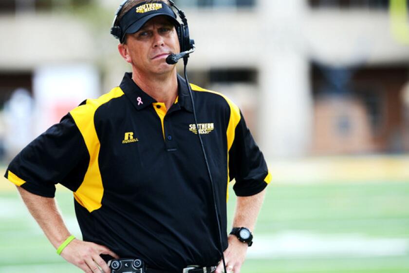 The Southern Miss Golden Eagles, coached by Todd Monken, shown during a game against Florida International last month, suffered their 20th consecutive loss on Saturday.