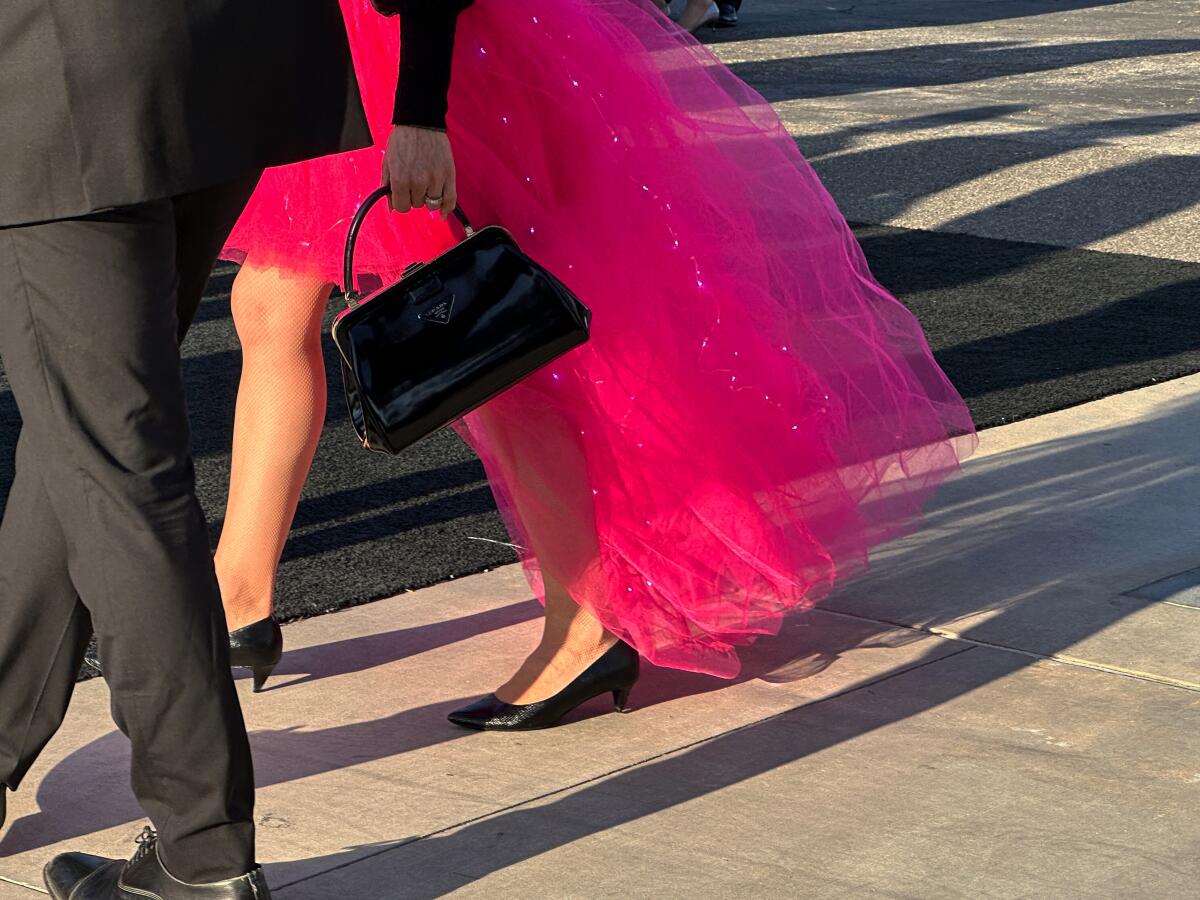 A close up reveals an obscured image of a woman's legs and a waft of a pink tulle skirt that floats in the breeze