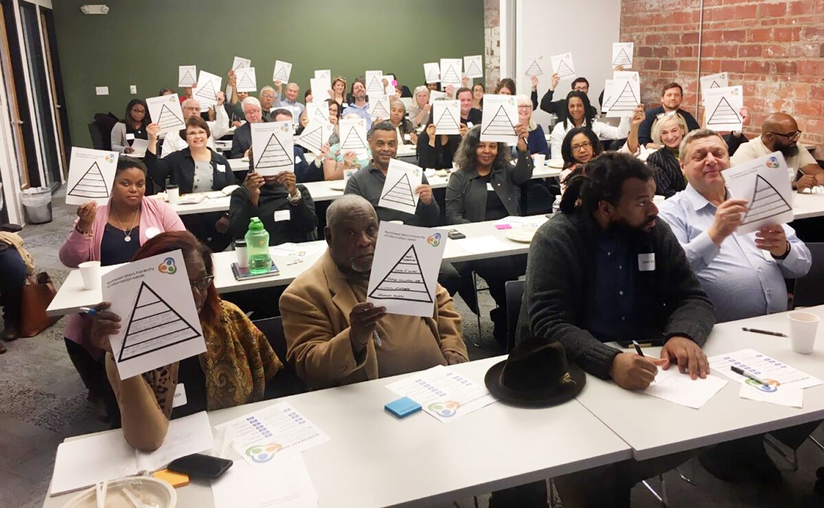 This photo provided by Cleveland Foundation, participants at the Northeast Ohio Solutions Journalism Collaborative hold up a paper that shows a diagram of their individual hierarchy of information needs on Oct. 25, 2019 in Cleveland. A coalition of philanthropies announced plans Tuesday, Nov. 9, 2021, to launch a nonprofit newsroom that will provide coverage of Cleveland, kicking off an effort to help fill a void left by the shrinking of news organizations in Ohio. (Cleveland Foundation via AP)